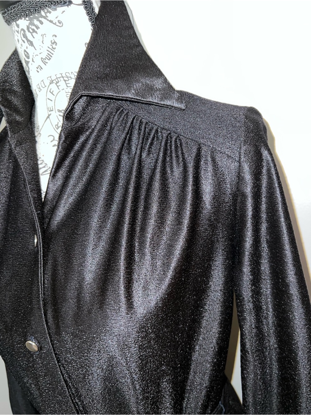 VTG 70s Dedra Designs Liquid Black Knit Maxi Shirtdress Snap Front Size 10 - Picture 5 of 14